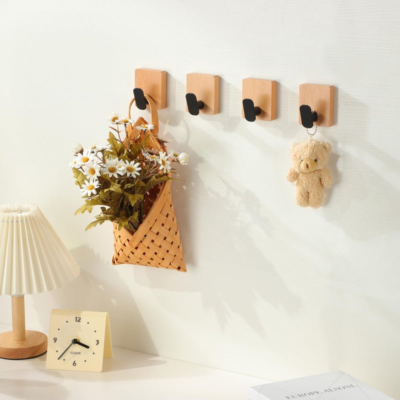 DELITON Towel Hooks Wall Mounted - Adhesive Bathroom Coat Hooks for Hanging Robes Clothes Light Brown, Black Solid Wood Beech Wall Hook 4 Packs - Image 3